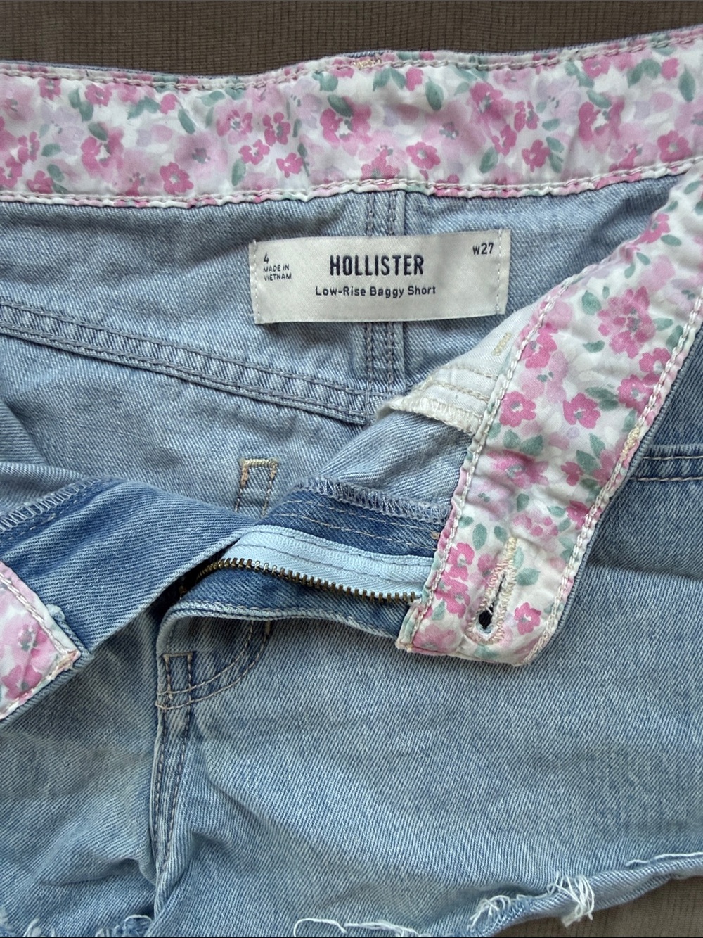 Hollister Light Blue Low-Rise Baggy Shorts with Pink Floral Trim